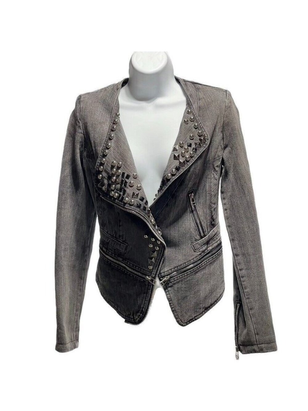 TOV HOLY G Denim Jacket Gray Cotton Embellished Moto Jean Jacket Women's Size S - Picture 1 of 16